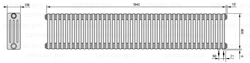 Схема (чертеж) Радиатор Zehnder Charleston 4060/40 №5510 Белый глянцевый RAL 9016